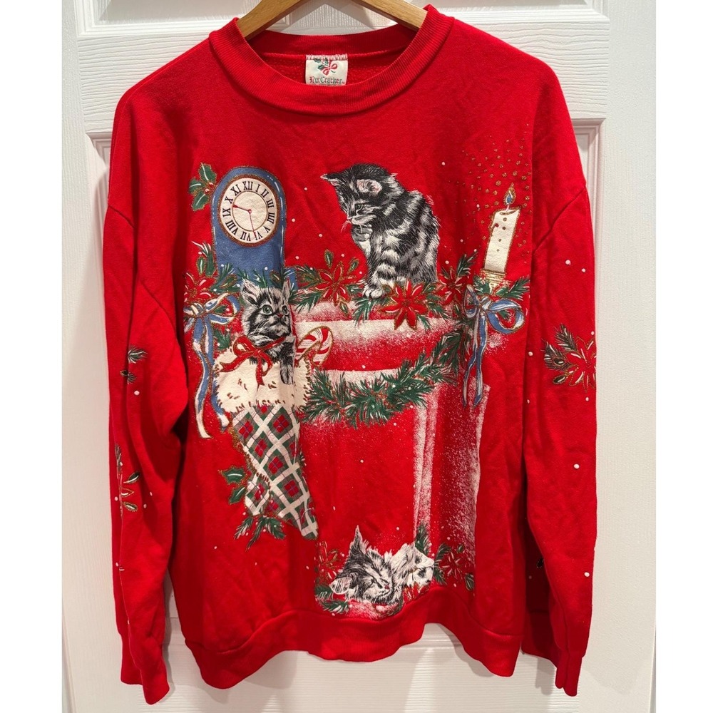Vintage 90's NutCracker Christmas Sweatshirt Red Kittens USA Made Festive
